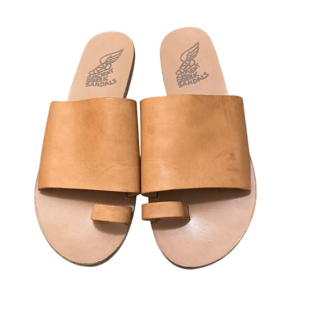 Ancient Greek Sandals Taygete Tan Leather Toe Ring Slides Women 39 US 9 Flat